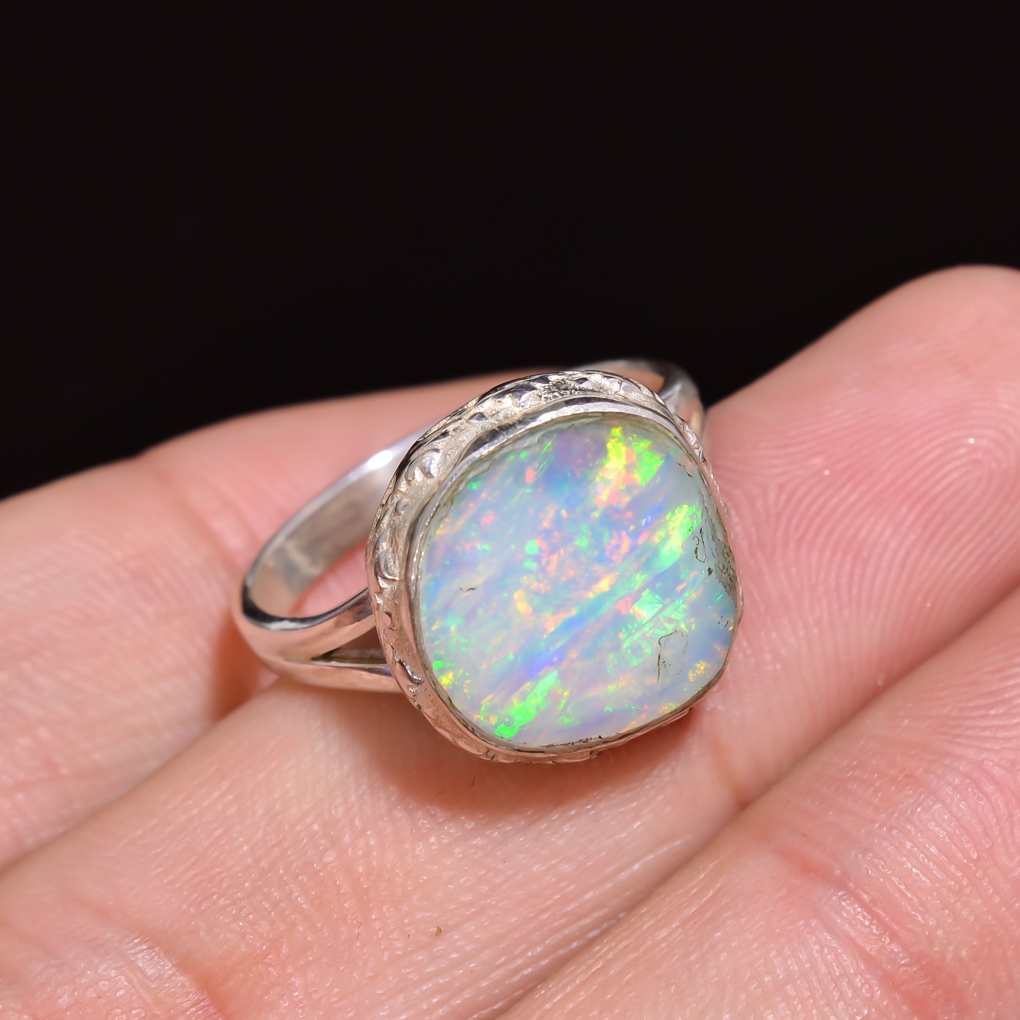 Handmade sterling silver ring with large 12×12 mm Raw white Ethiopian opal, US size 6.75